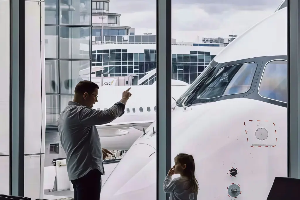 Un père montre à sa fille un avion de ligne garé devant la baie vitrée de l'aéroport